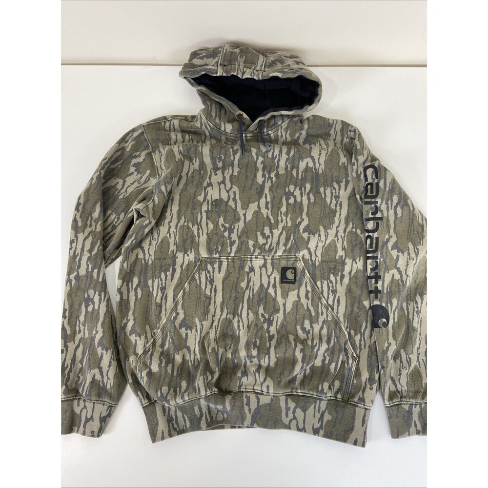 Carhartt Mossy Oak Bottomland Camo Hoodie Men’s S Sleeve Logo Pullover 105484
